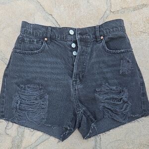 Pac Sun High Rise Icon Black Jean Shorts with Distressed Frayed Hem Size 26